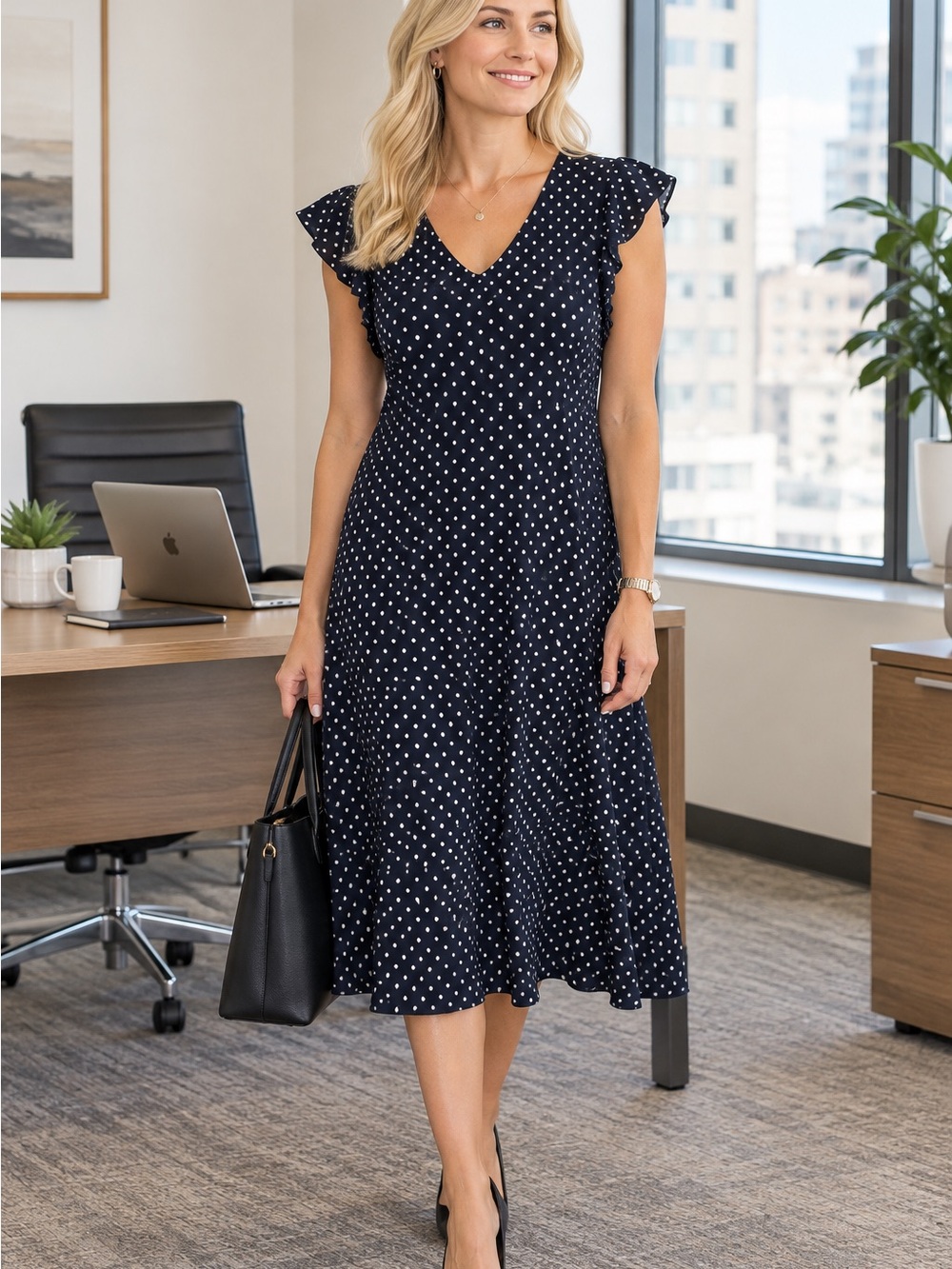 Ann Taylor Factory Navy & White Polka Dot Midi Dress